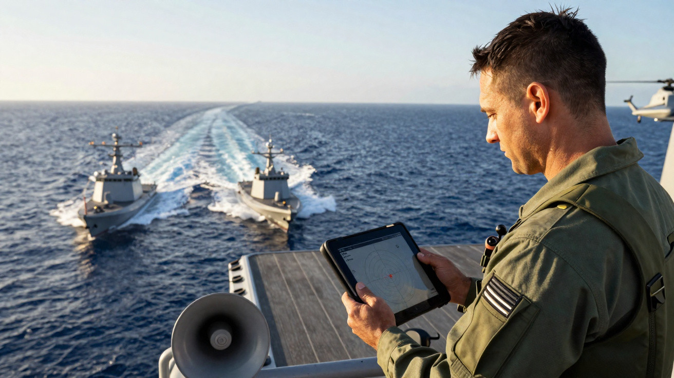 Homem com uniforme militar vê tablet no convés de um navio com duas embarcações militares ao longe no mar.