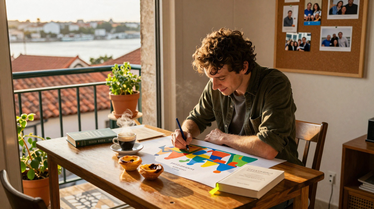 Homem a desenhar colorido numa mesa de madeira junto a uma varanda com vista para o rio.