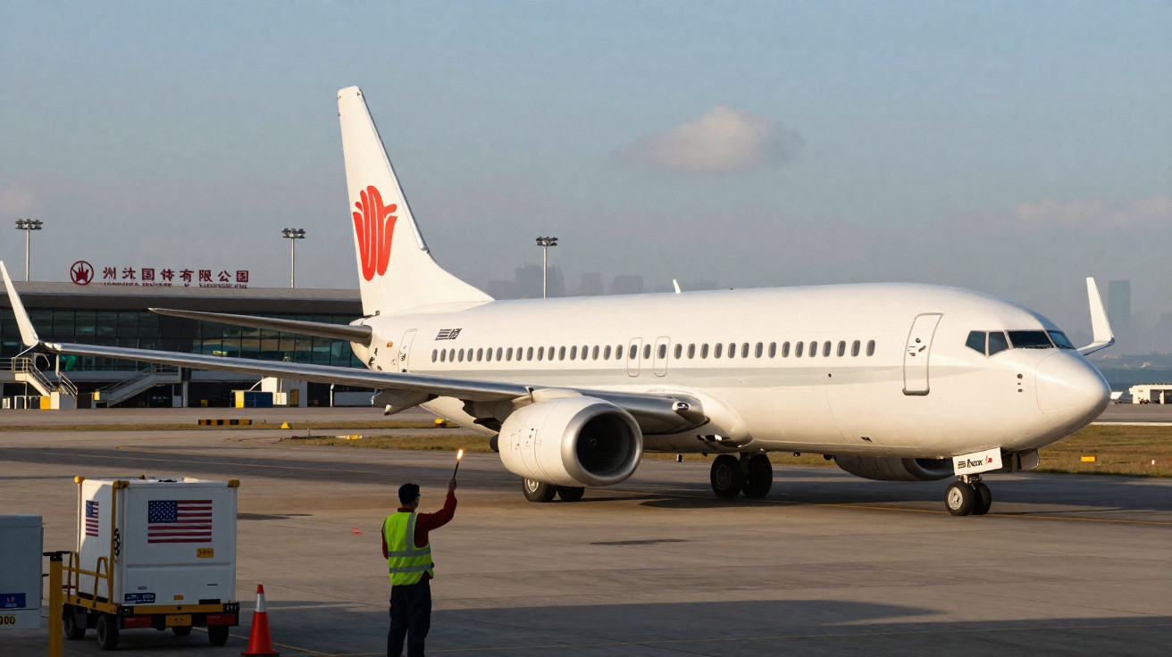 Avião branco estacionado no aeroporto com operador a orientar no solo.