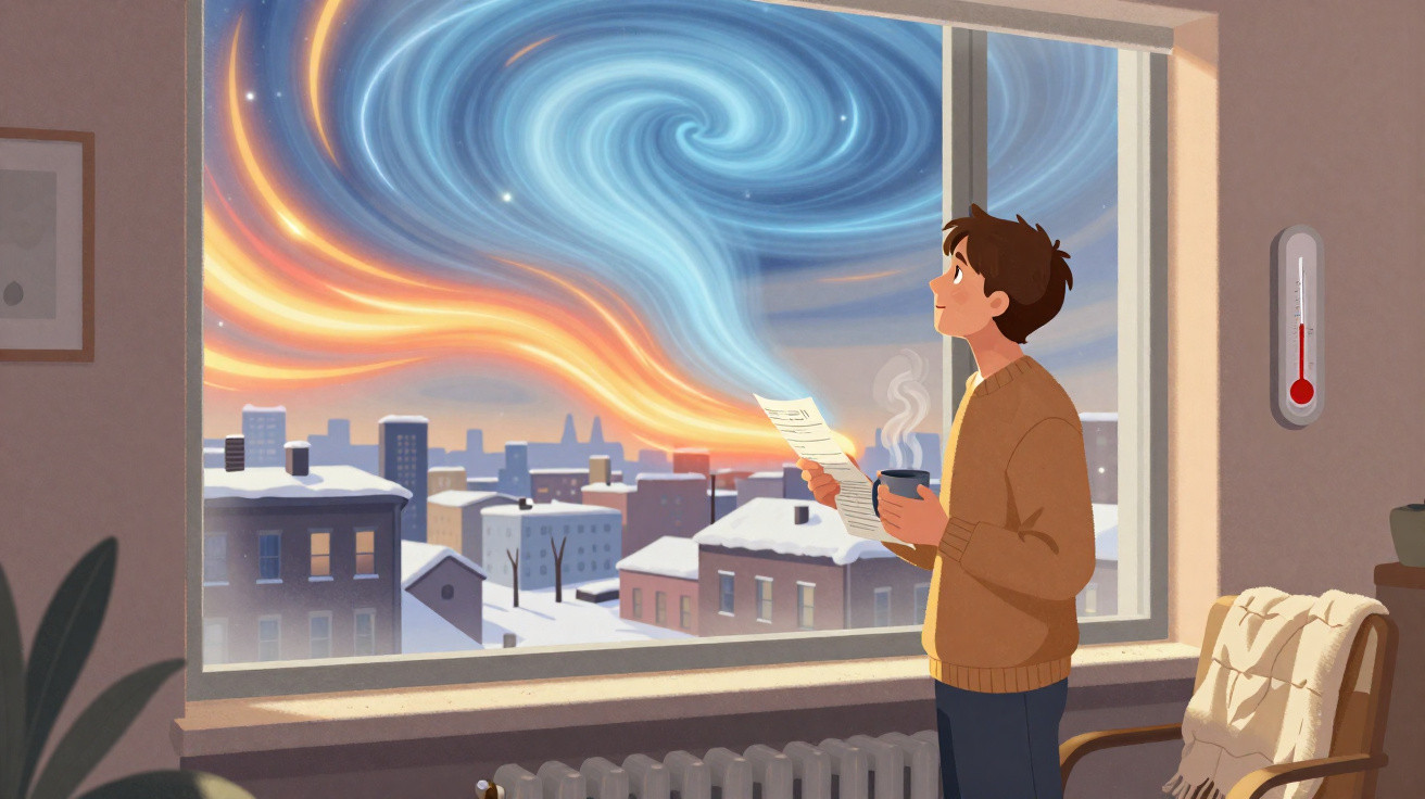 Pessoa com chá na mão observa aurora colorida através de janela numa cidade nevada ao entardecer.