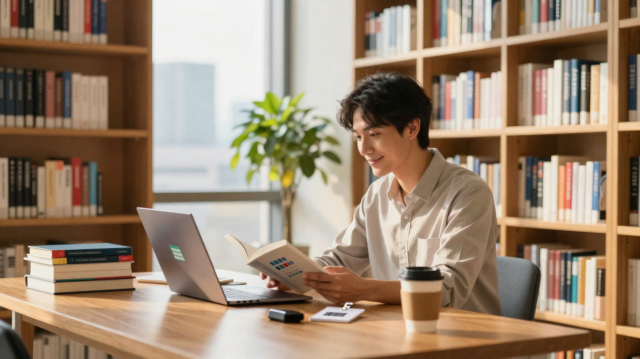 Jovem a estudar numa biblioteca com livros, computador portátil e café numa mesa de madeira.
