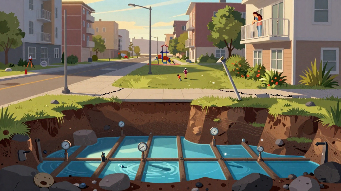 Rua residencial com parque infantil, pessoas ao fundo e canteiro subterrâneo com sistema hidráulico exposto.