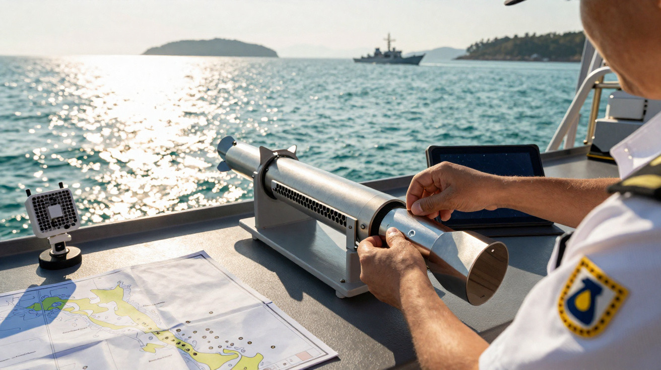 Marinheiro a operar equipamento de navegação com mapa marítimo e navio ao fundo no mar calmo.
