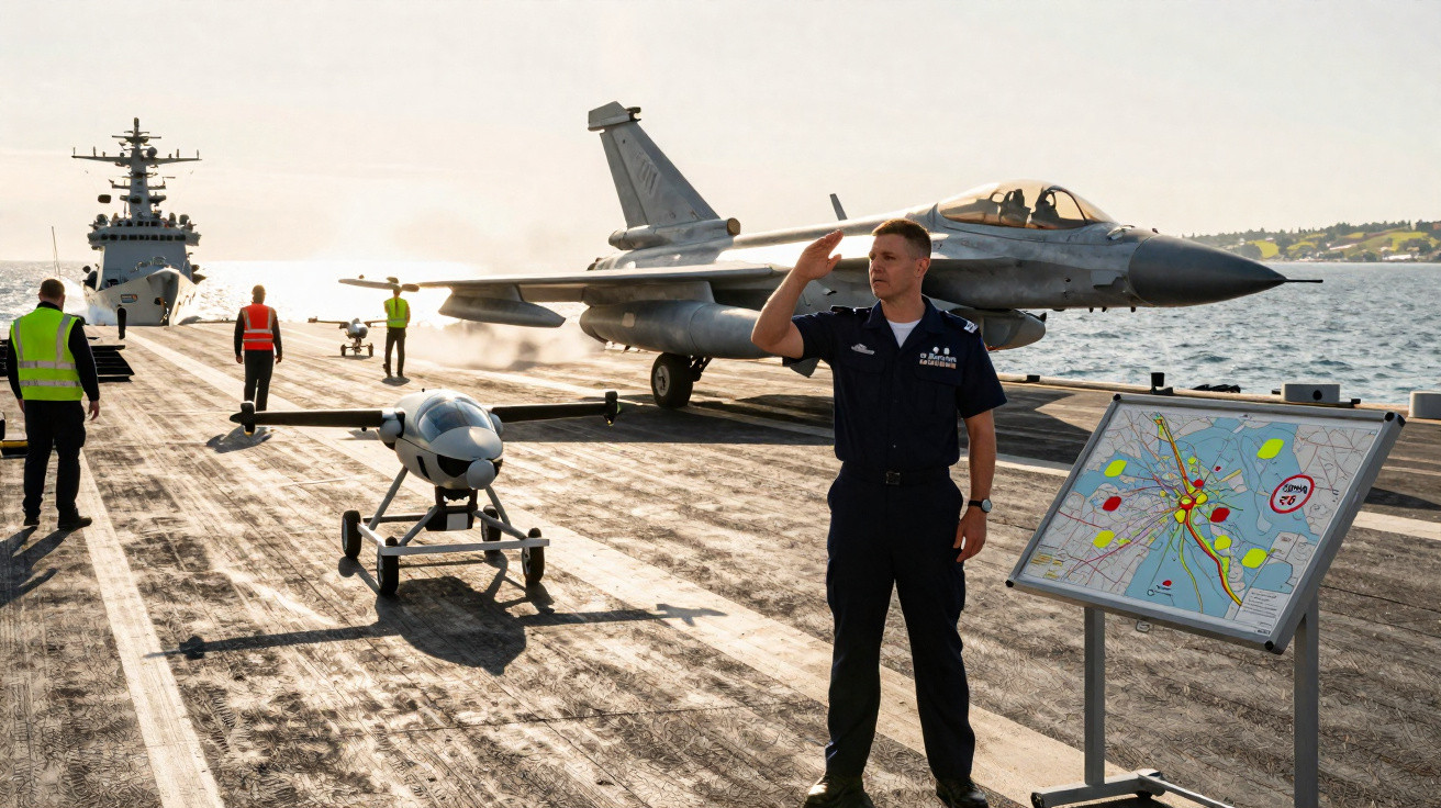 Militar da marinha a cumprimentar a bordo de um porta-aviões com jato militar e drone em segundo plano.