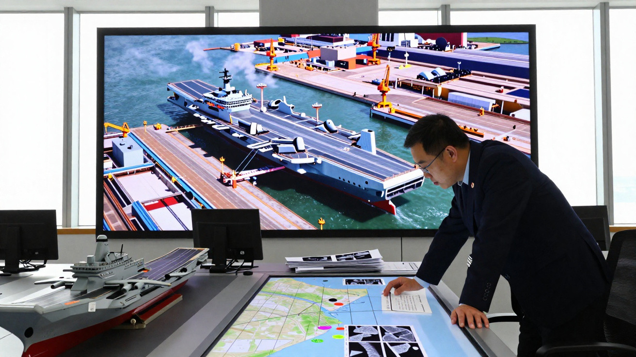 Homem analisa mapa digital enquanto modelo e imagem de navio militar estão à sua frente numa sala moderna.