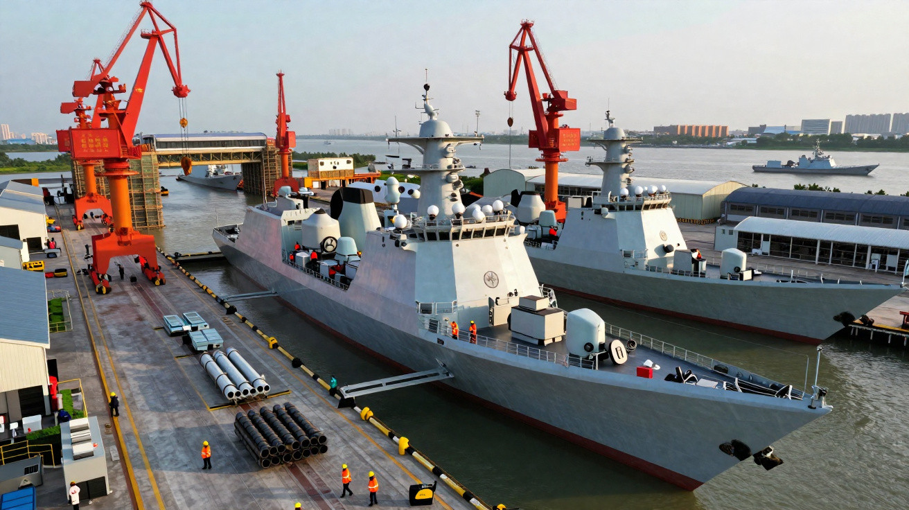 Porto com dois navios de guerra cinzentos atracados, guindastes vermelhos e trabalhadores com coletes laranja.