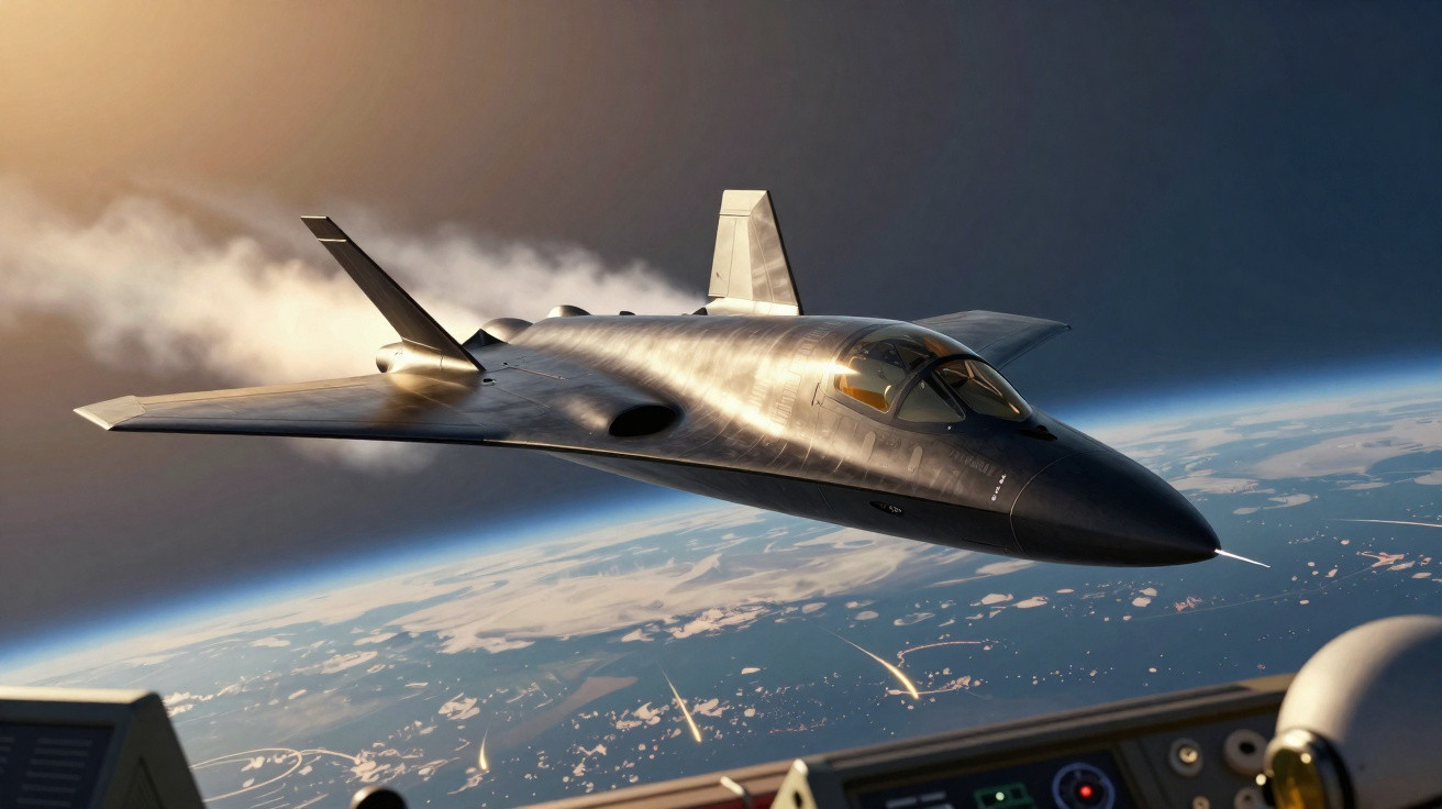Avião espacial futurista voando na estratosfera, com a Terra visível ao fundo e luz solar refletida na fuselagem.