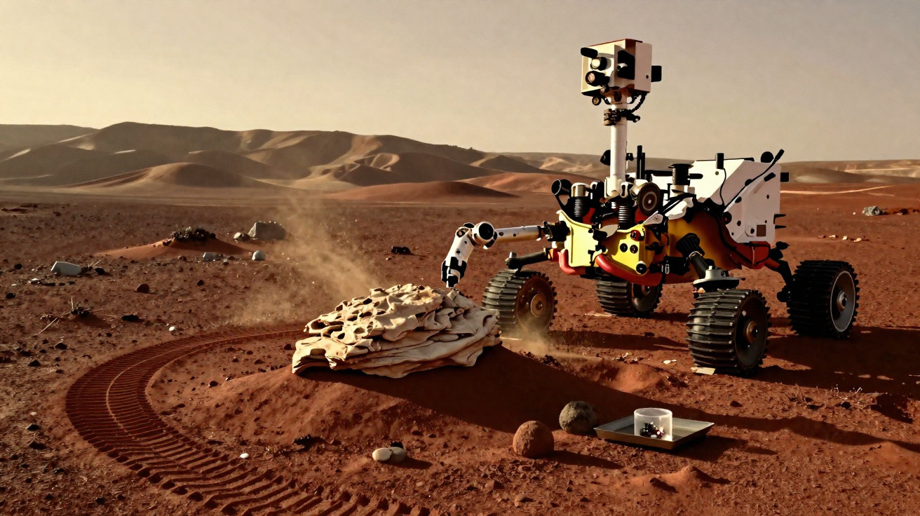 Rover explorador da NASA analisa formação rochosa numa paisagem árida e vermelha semelhante a Marte.