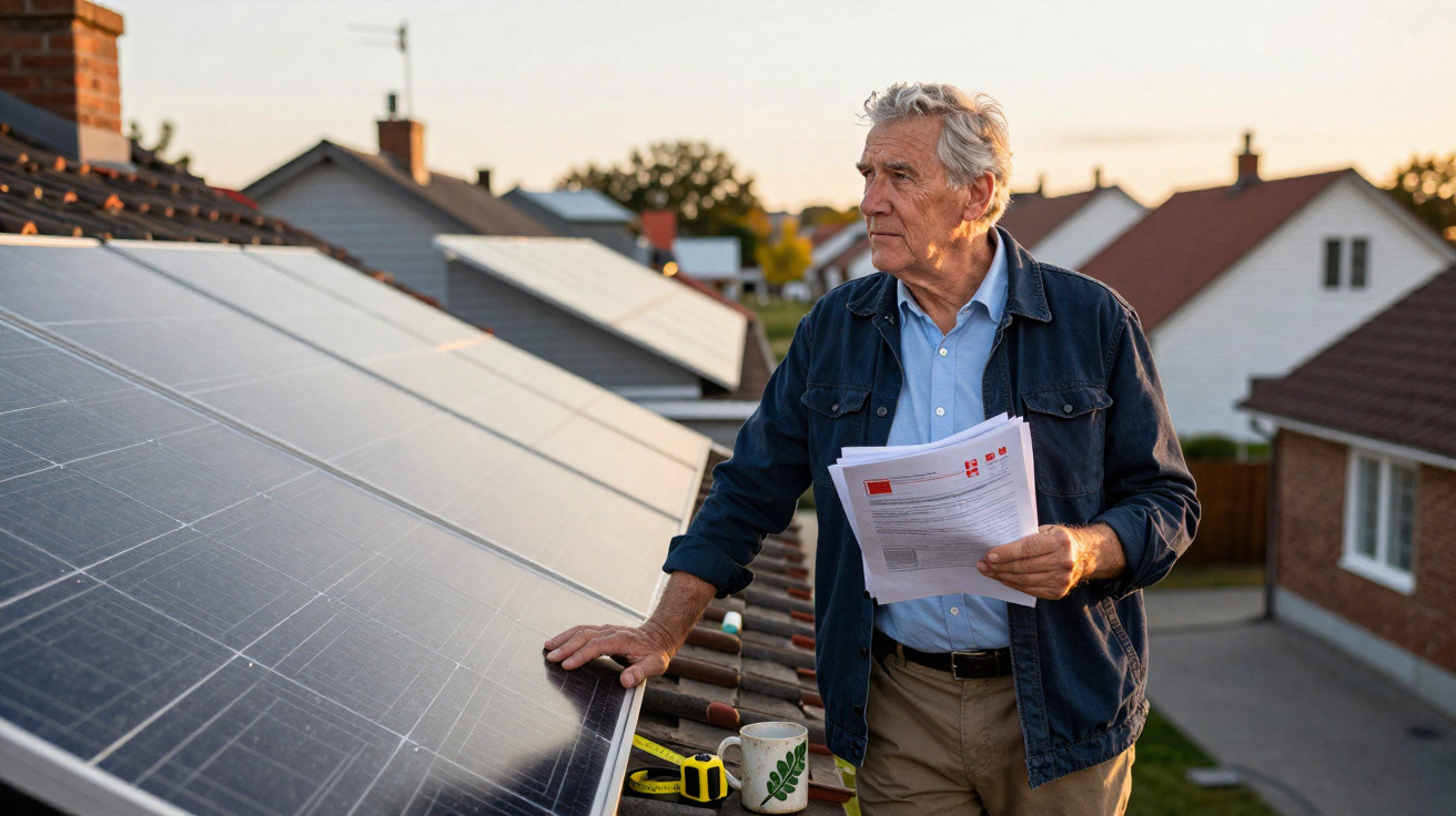 Homem idoso verifica painéis solares no telhado enquanto segura documentos ao pôr do sol.