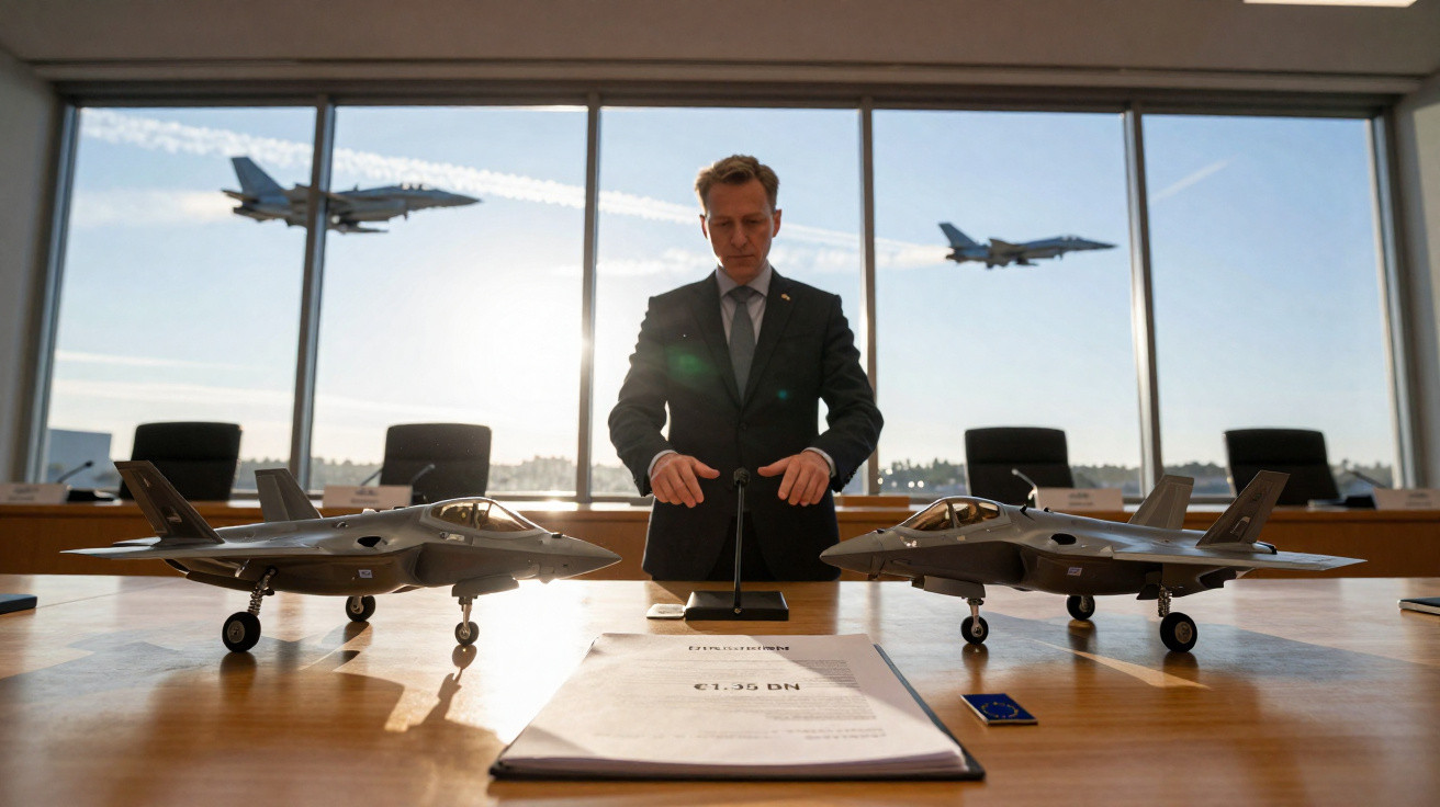 Homem em fato numa sala com maquetes de aviões de combate, dois aviões voam fora da janela grande.