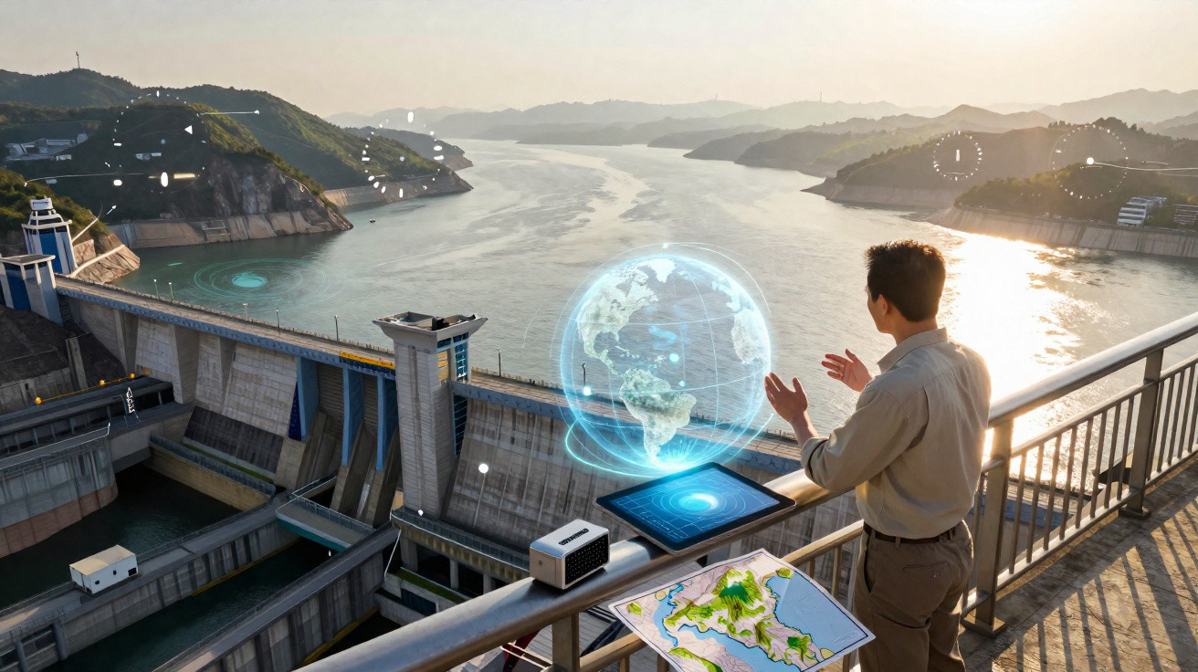 Homem observa holograma de globo terrestre numa represa com paisagem montanhosa e rio ao fundo ao pôr do sol.