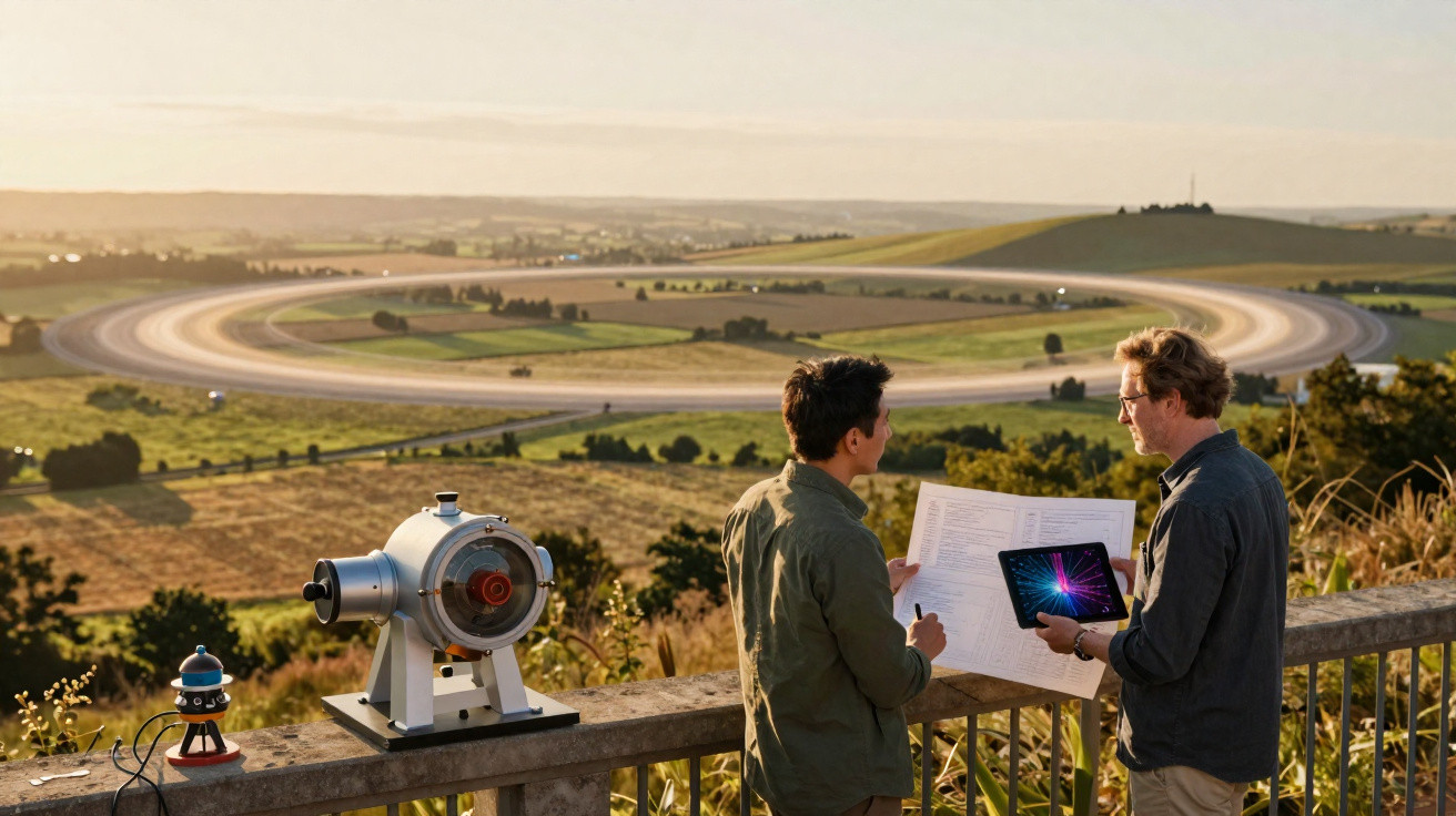 Dois homens analisam dados num campo agrícola com equipamento tecnológico e vista de círculo experimental ao fundo.