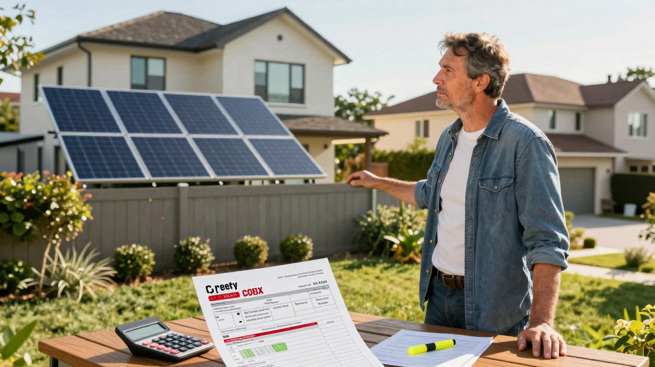 Homem junto a mesa no jardim com conta de energia e painéis solares em casa ao fundo.