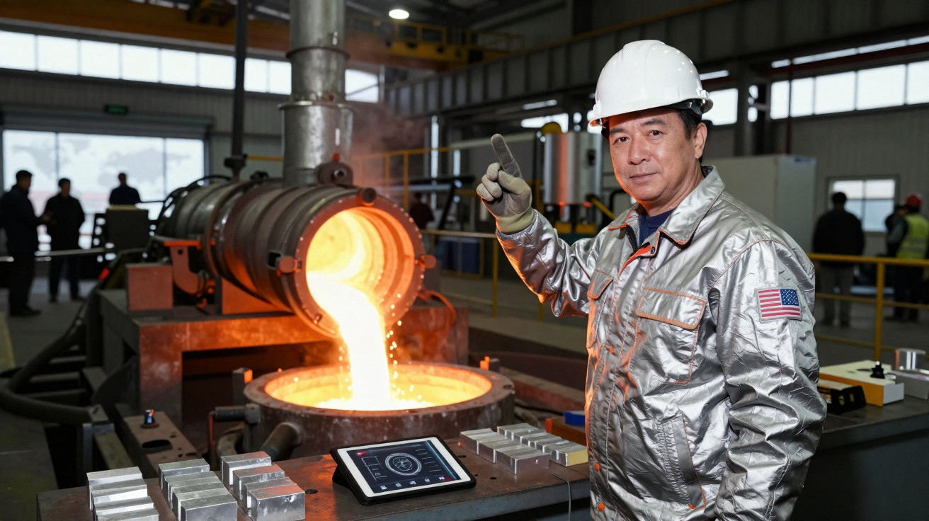 Trabalhador com capacete branco numa fundição, vertendo metal fundido num molde com máquina ao lado.