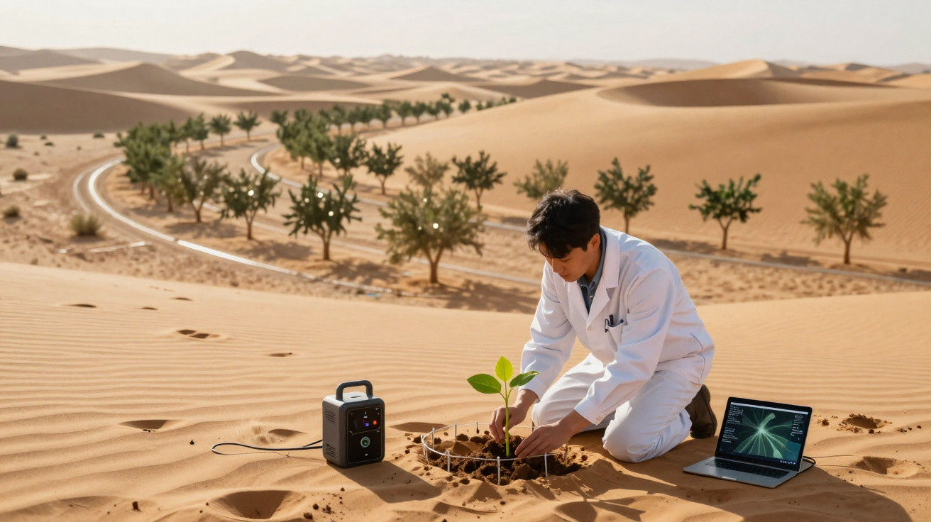 Homem de bata branca planta árvore no deserto com equipamentos eletrónicos e computador portátil ao lado.