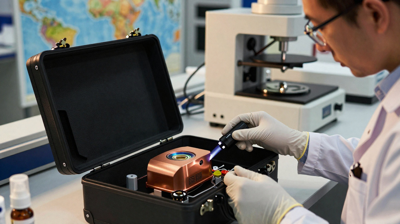 Cientista a usar luz ultravioleta num dispositivo tecnológico dentro de uma mala preta num laboratório.