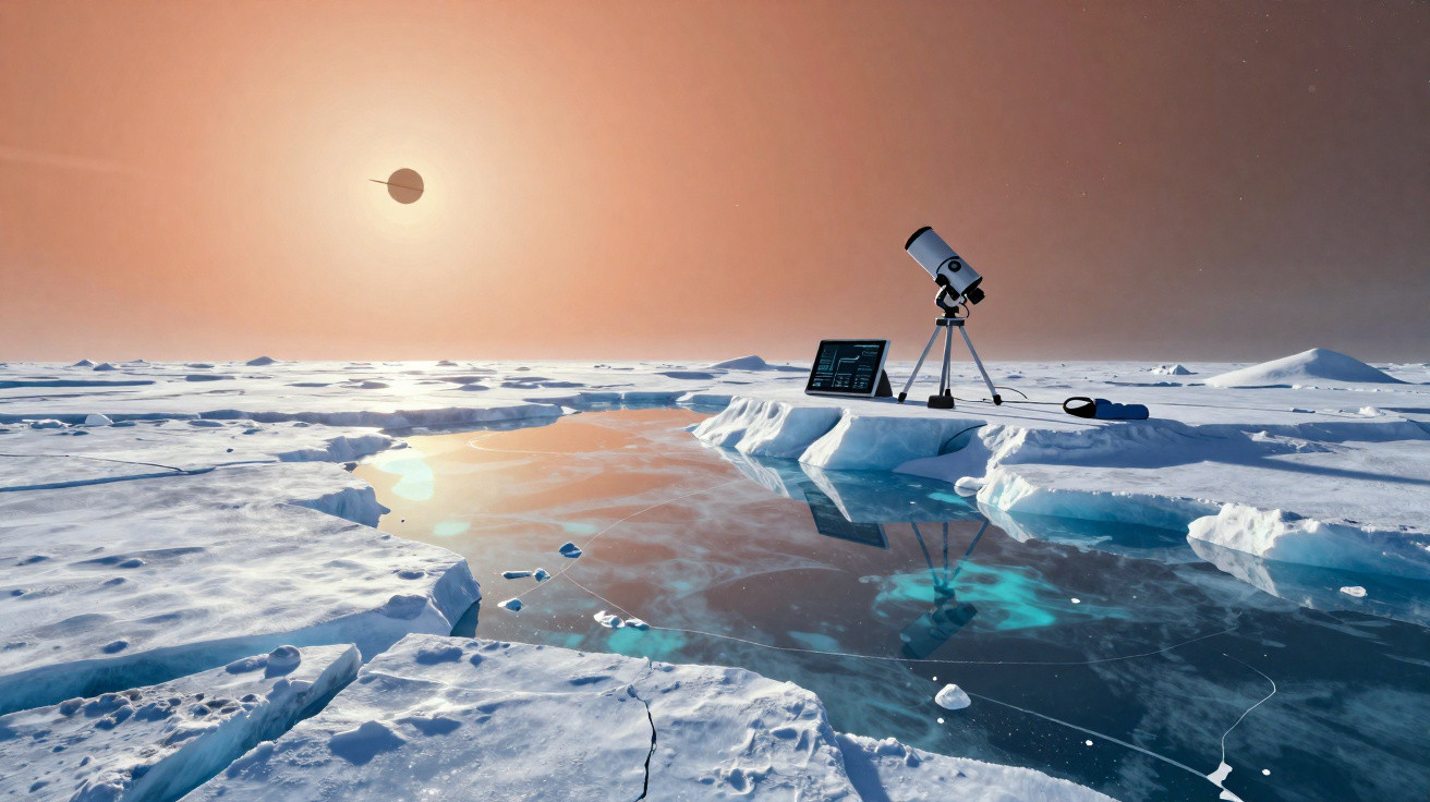 Telescope e computador portátil em paisagem congelada com água e sol alaranjado no horizonte.