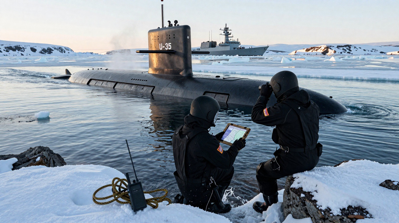 Submarino U-35 na água gelada com dois militares equipados em uniforme negro e neve ao redor.