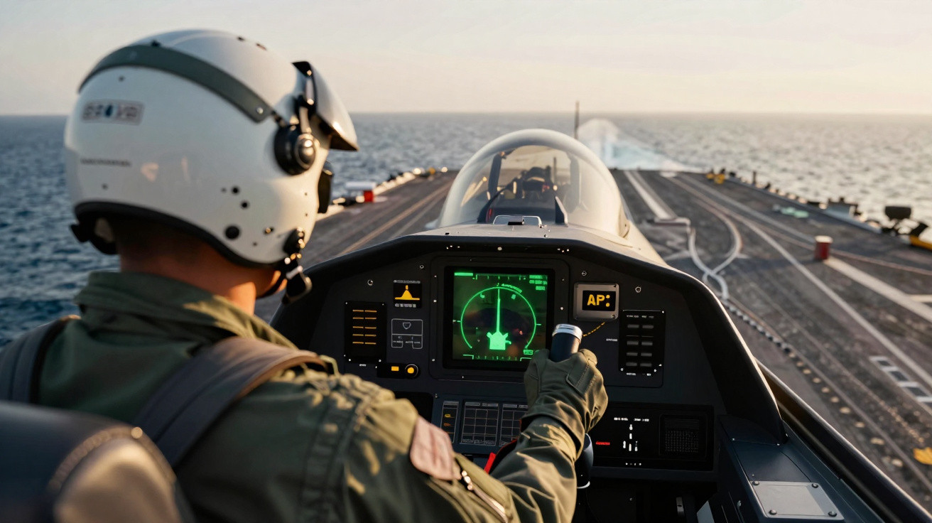 Piloto militar no cockpit de um caça durante voo sobre um porta-aviões ao pôr do sol.