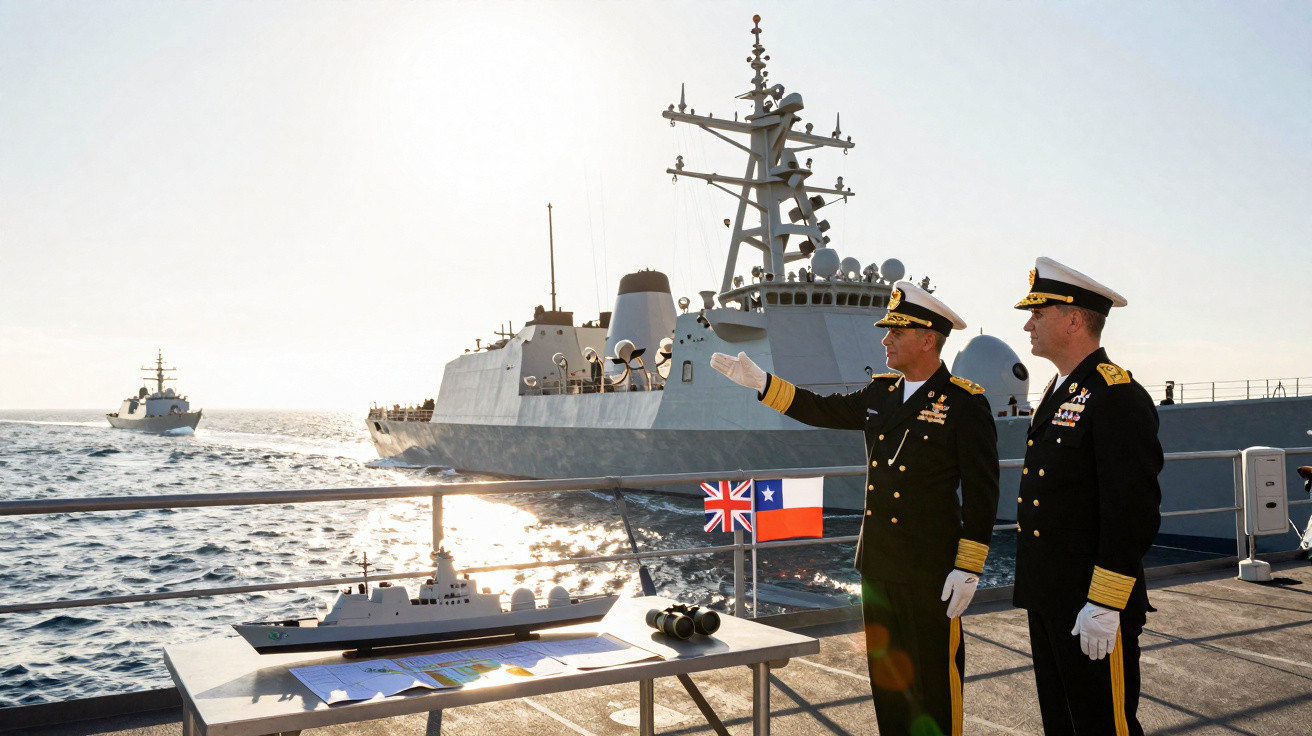 Dois oficiais navais em uniforme observam navios militares no mar, junto a modelos de navios e bandeiras no convés.