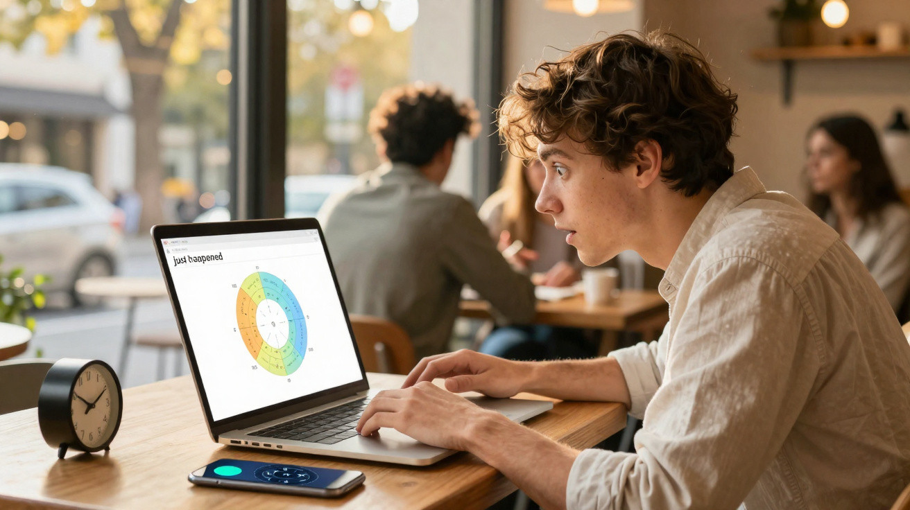 Jovem a olhar atentamente para gráfico num computador portátil numa cafetaria com pessoas ao fundo.