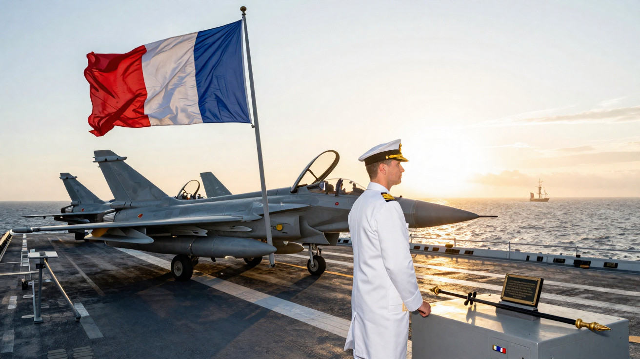 Marinheiro em uniforme branco ao lado de caças militares num porta-aviões com a bandeira de França ao vento.