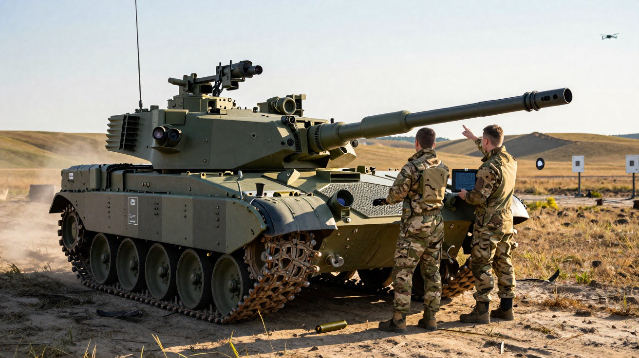 Tanque militar verde com duas pessoas de uniforme camuflado a operá-lo em terreno seco aberto.