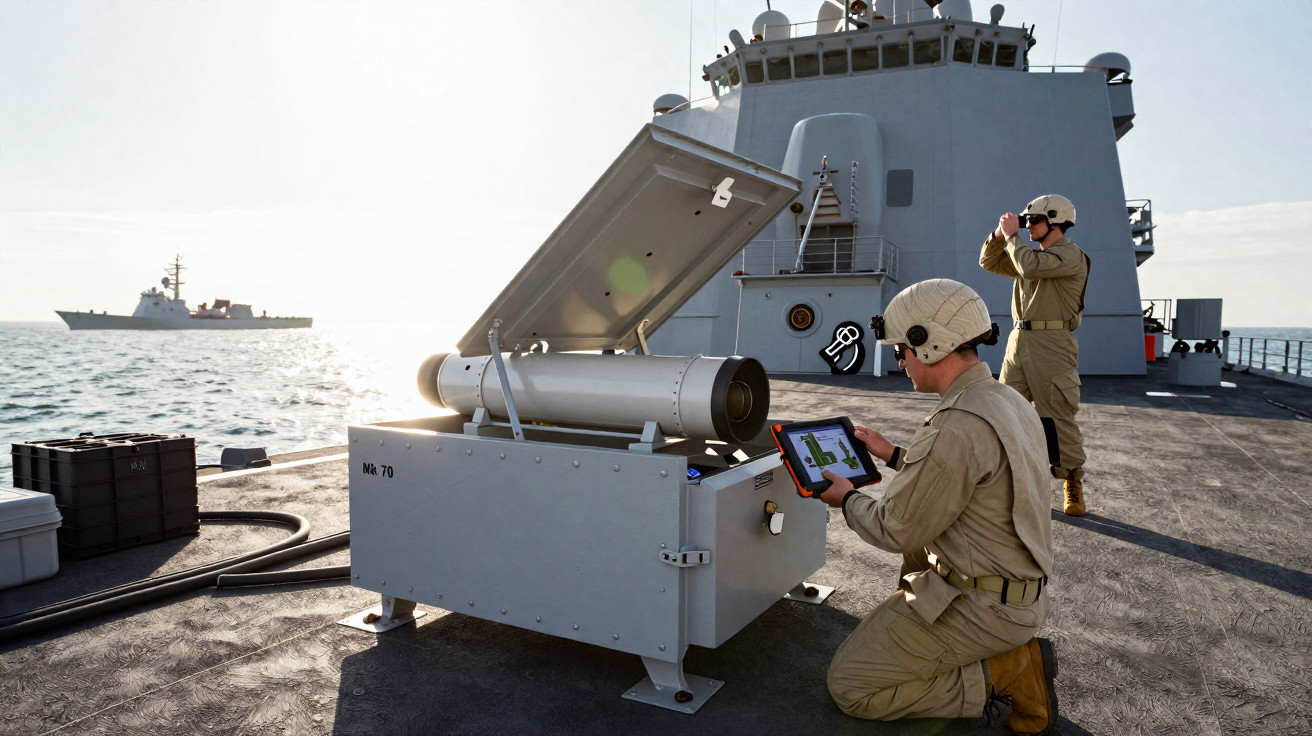 Dois militares em missão naval, um usa tablet junto a equipamento técnico, outro observa com binóculos no convés do navio.