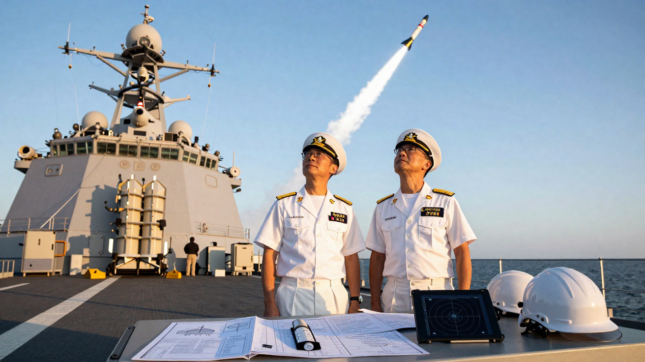 Dois oficiais navais observam lançamento de míssil em navio de guerra em mar calmo ao pôr do sol.