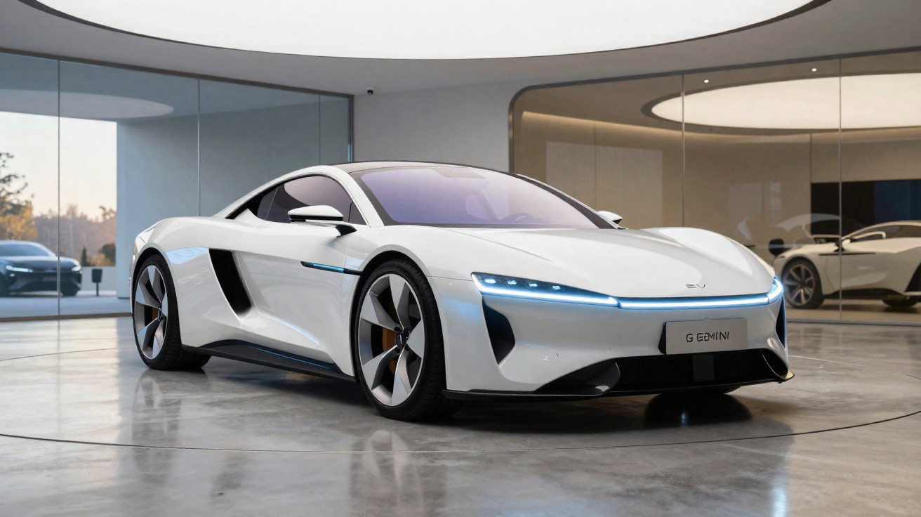 Carro desportivo elétrico branco em ambiente moderno com grandes janelas e piso em cimento polido.