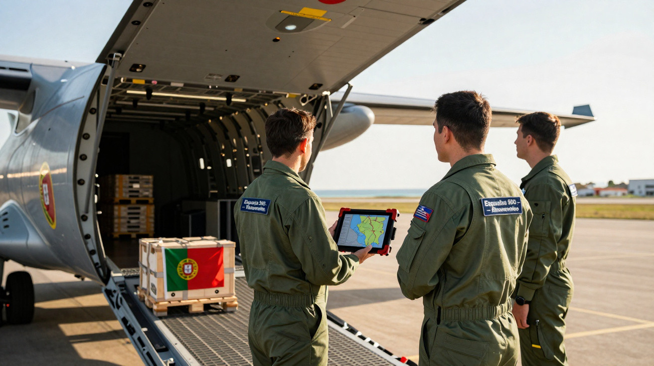 Três militares em uniformes verdes planeiam logística junto a avião aberto com pallet coberto pela bandeira de Portugal.