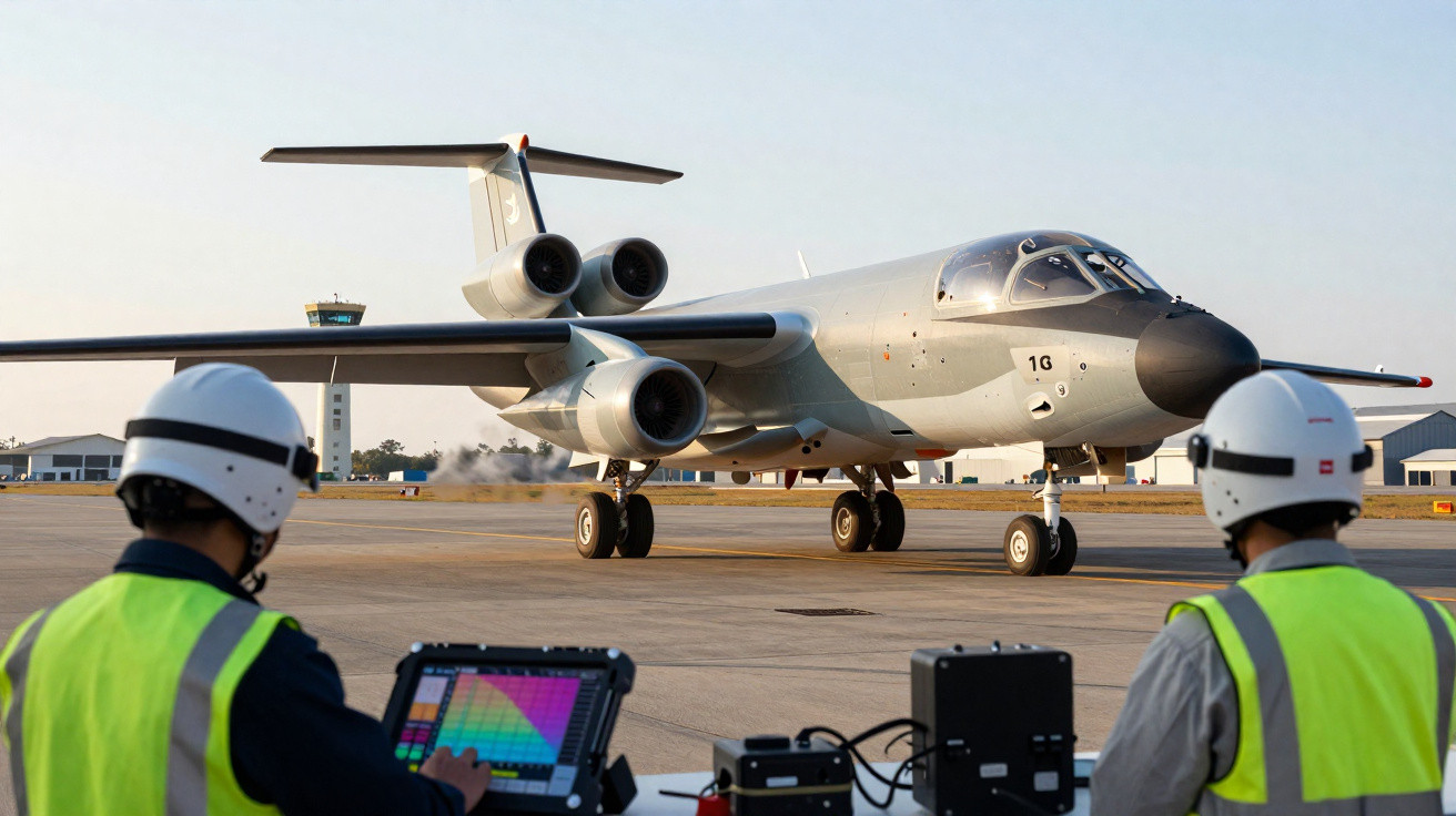 Avião militar cinzento na pista com duas pessoas em coletes refletivos e capacetes a operar equipamentos.