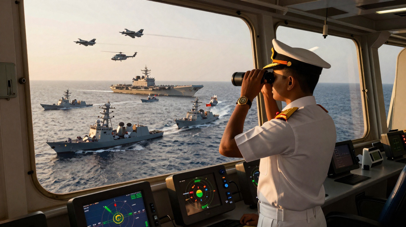 Oficial naval observa porta-aviões, navios de guerra e aeronaves em exercício militar no mar.