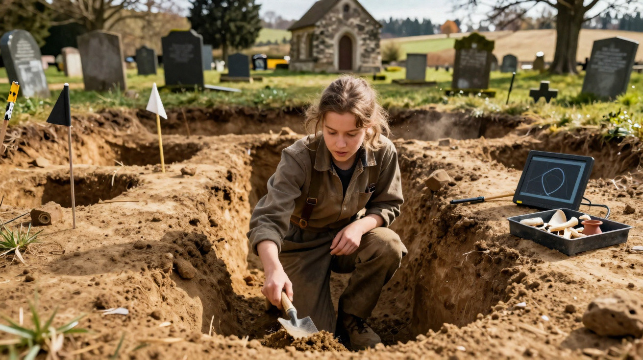 Jovem arqueóloga a escavar um sítio arqueológico num cemitério com artefactos e ecrã digital ao lado.