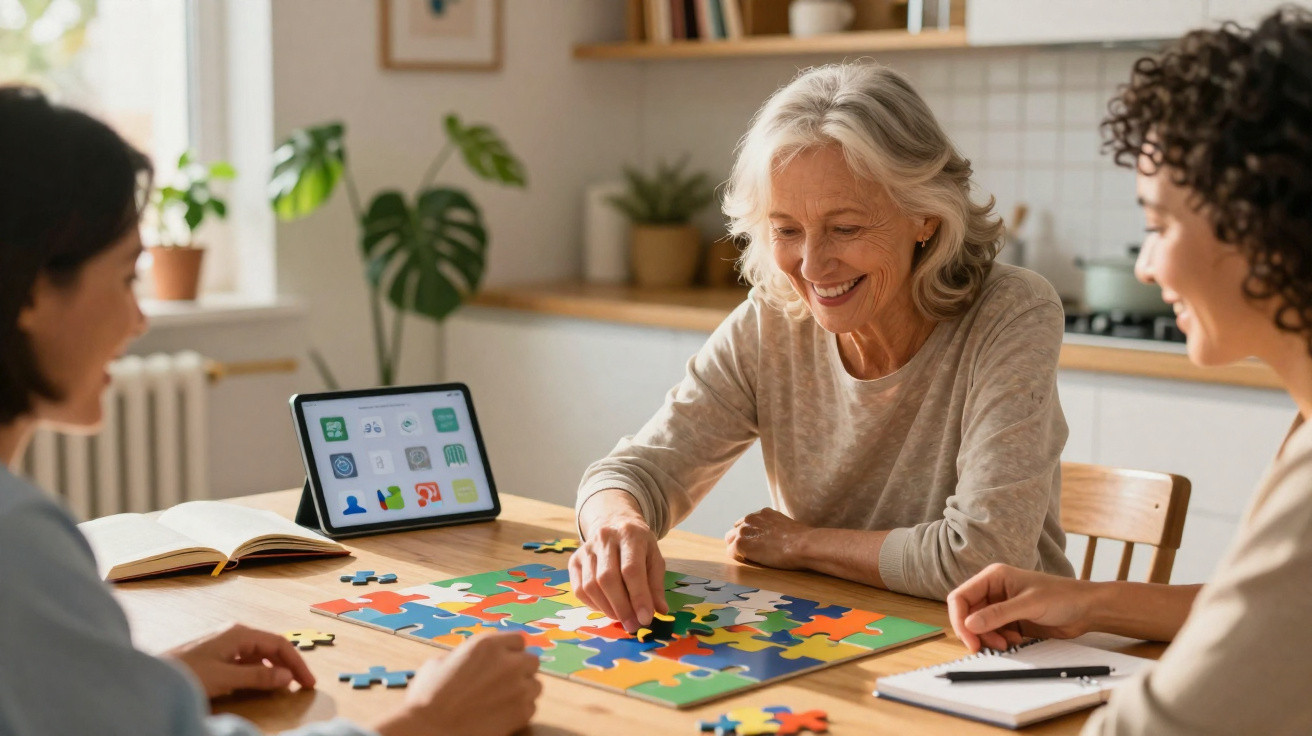 Três mulheres de idades diferentes montam um puzzle colorido numa mesa numa sala iluminada.