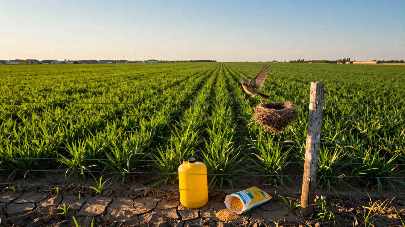 Campo agrícola verde com plantações, ninho de pássaro num poste e adubo junto ao solo seco.