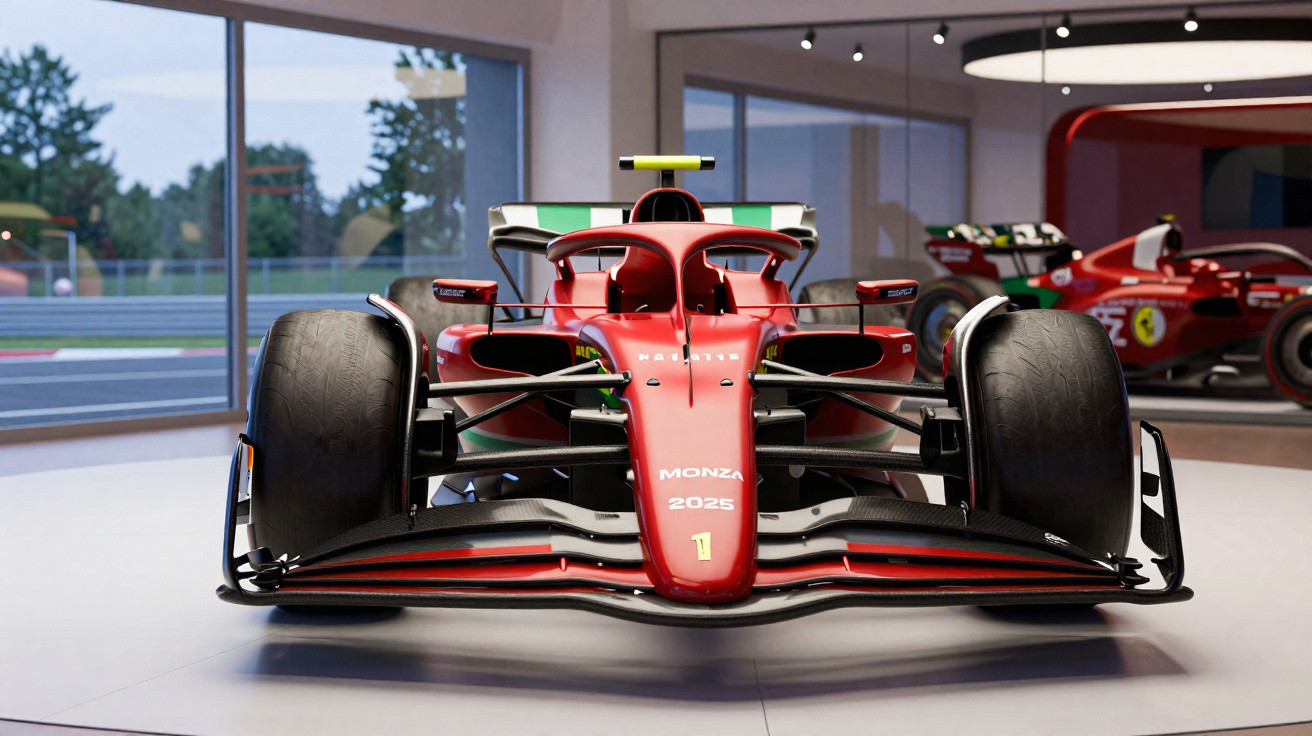 Carro de Fórmula 1 vermelho da Ferrari Monza 2025 visto de frente em museu com carros clássicos ao fundo.