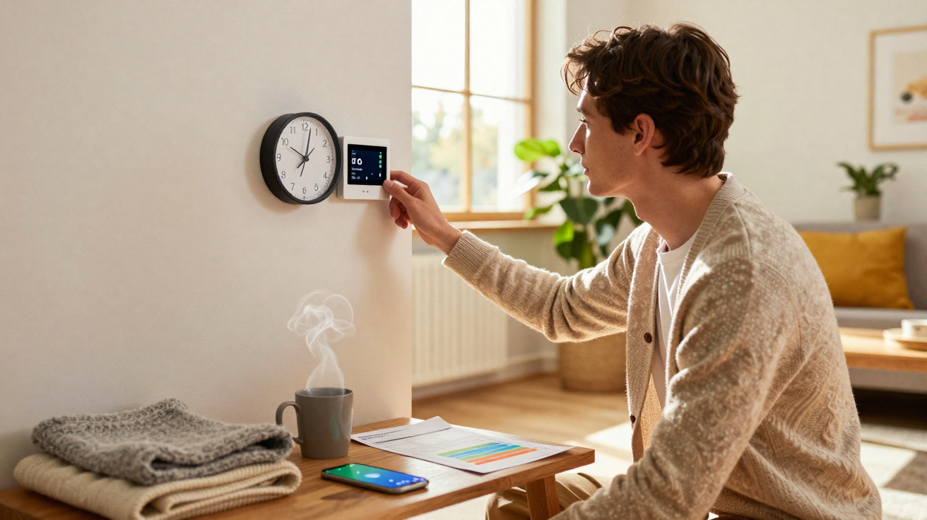 Homem ajusta o termostato digital numa sala luminosa com relógio de parede, roupa dobrada e chá quente na mesa.