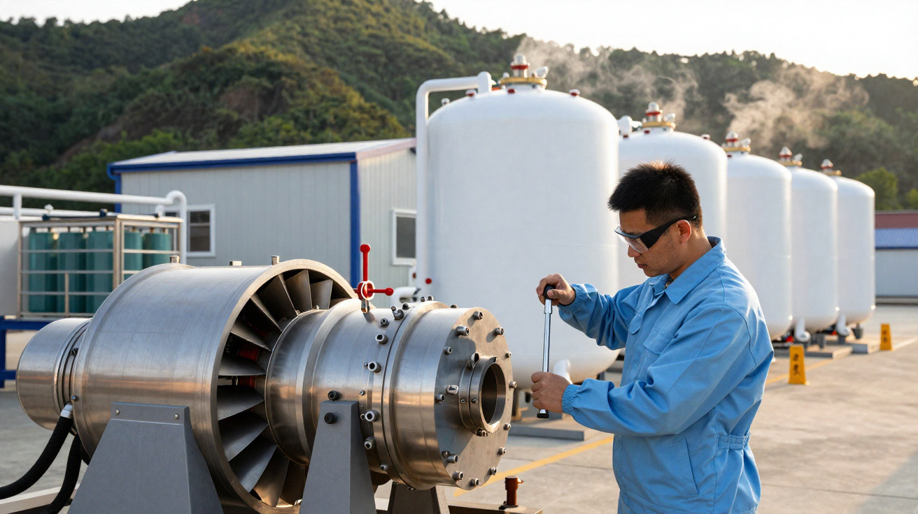 Técnico com equipamento de proteção ajusta máquina industrial ao ar livre numa instalação com tanques brancos.