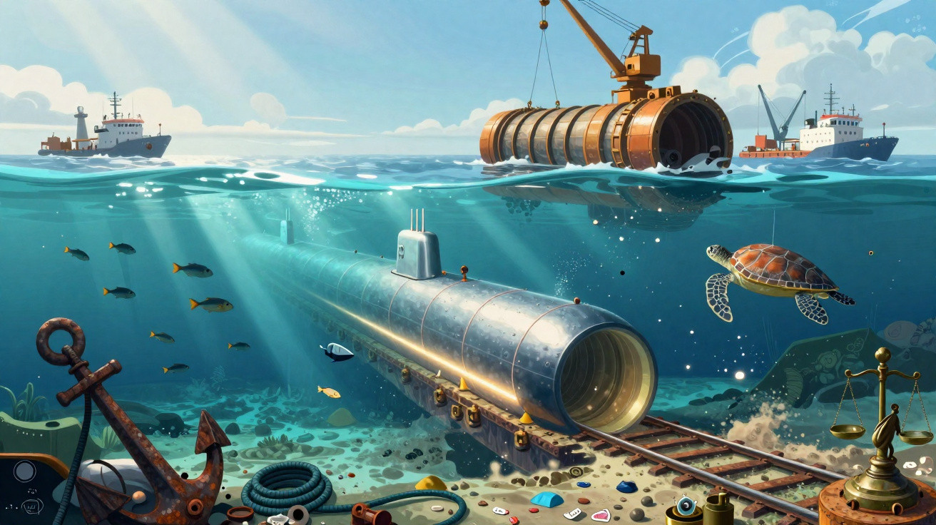 Submarino transparente no mar perto do fundo com maquinário, peixes, tartaruga e navios na superfície.
