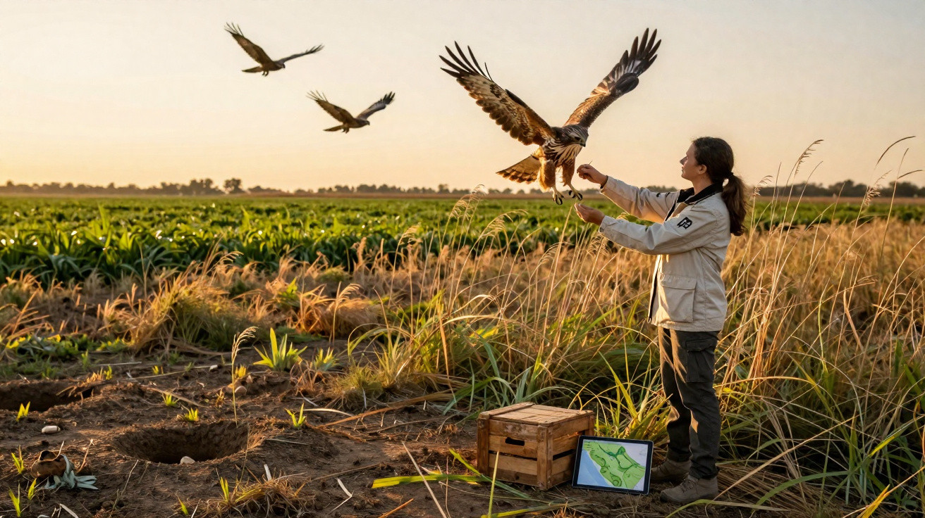 Mulher liberta águia num campo ao pôr do sol com outras águias a voar ao fundo.