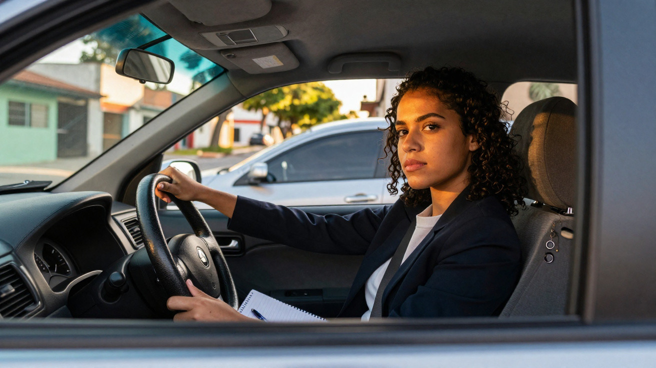 Mulher sentada ao volante de carro estacionado, segurando caderno e olhando para a frente com expressão séria.