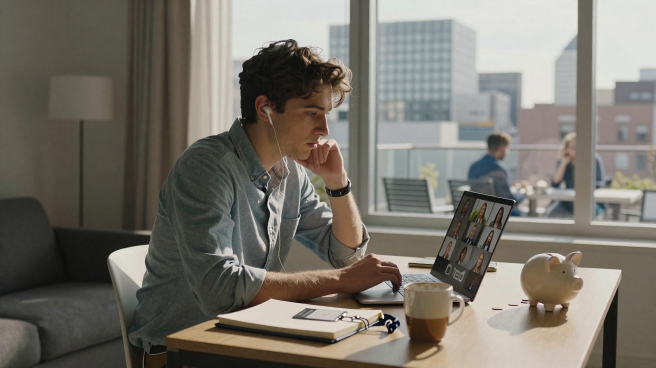 Jovem a participar numa reunião virtual pelo computador numa sala com vista urbana urbana e objetos na secretária.