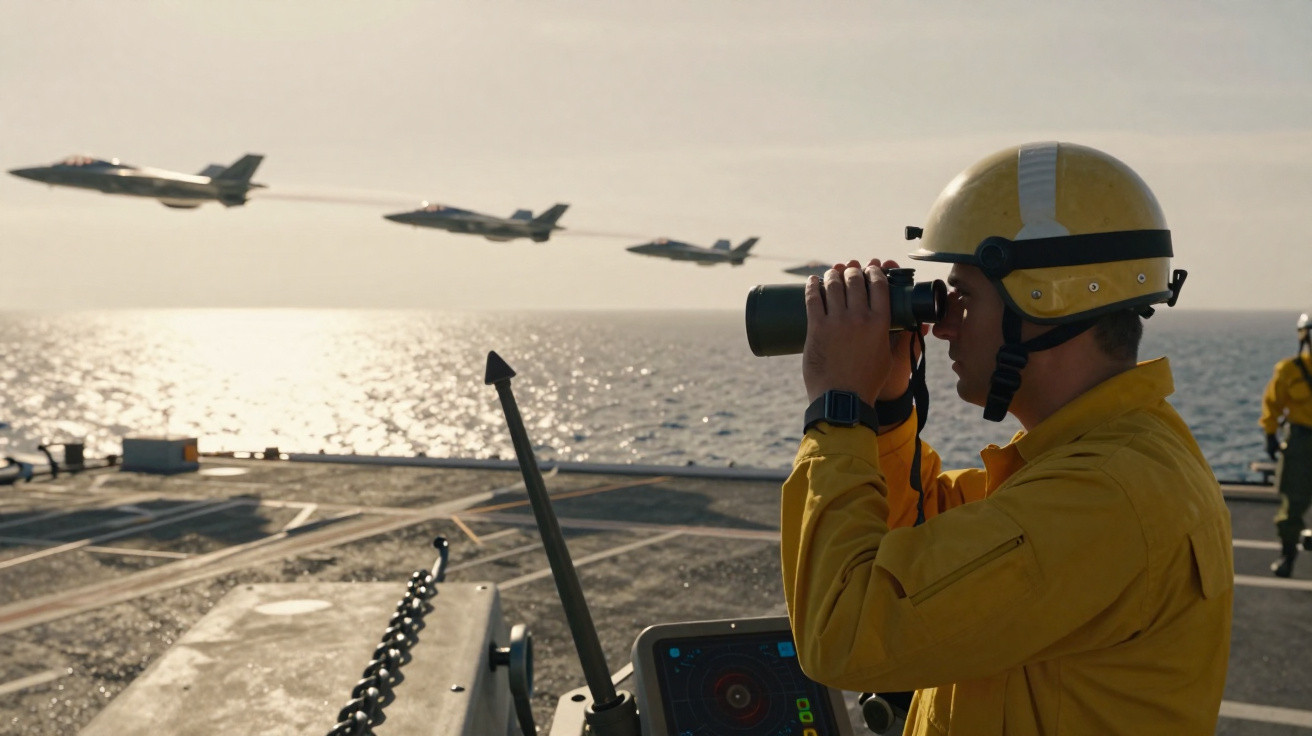 Militar em convés naval observa jatos a voar sobre o mar ao pôr do sol com binóculos.