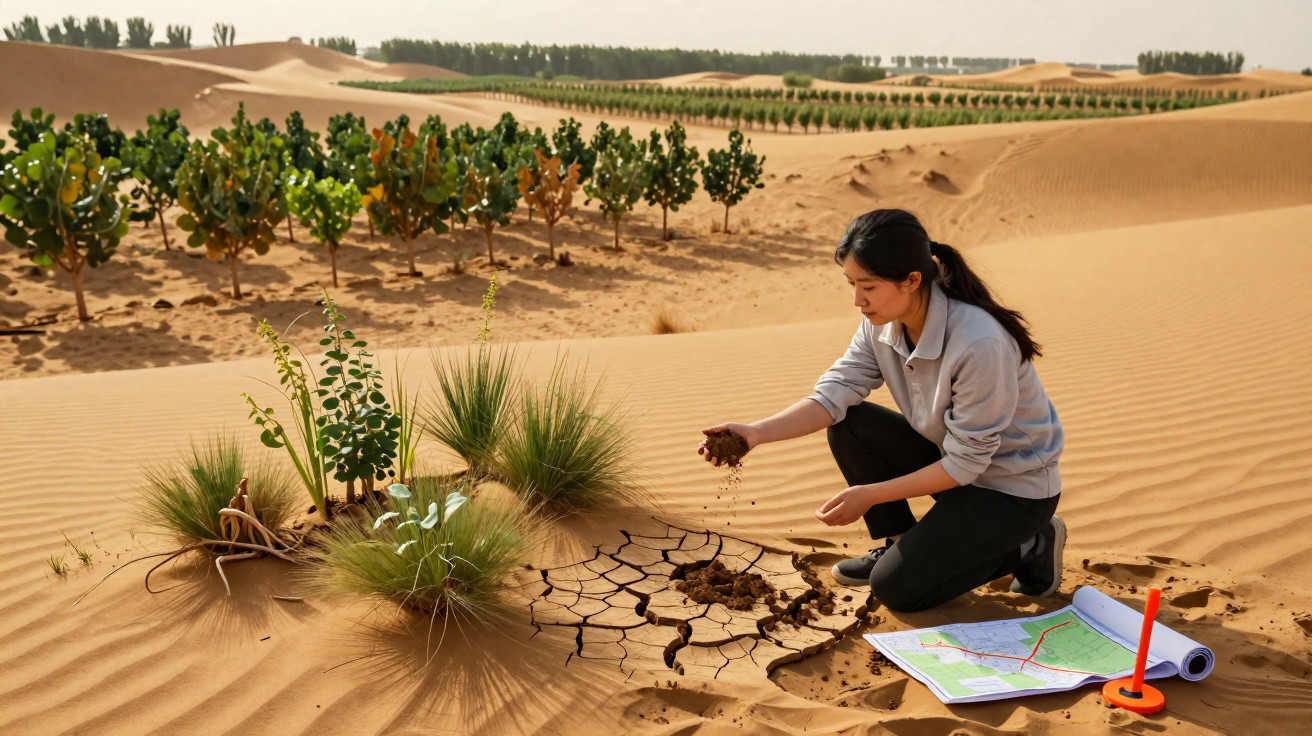 Mulher analisa solo seco no deserto junto a plantas, com mapas e equipamento de campo ao lado.