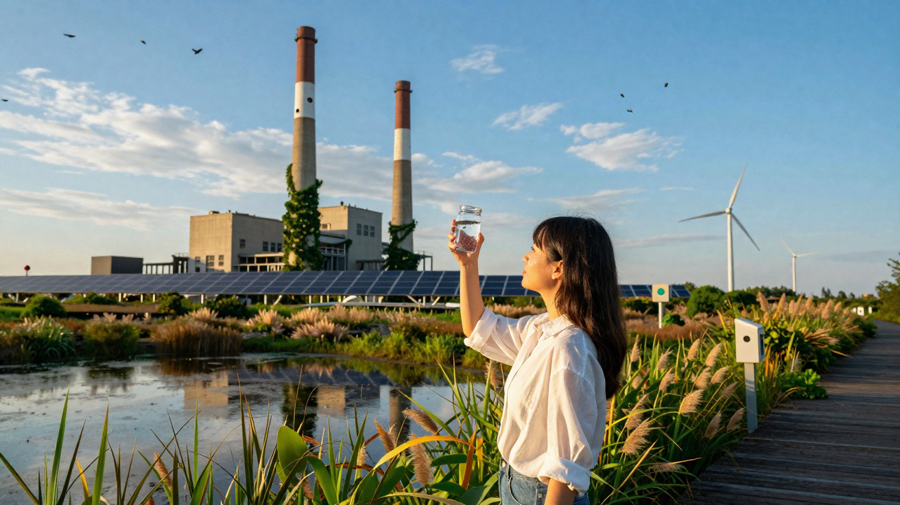 Mulher segura jarra de água junto a painéis solares, turbinas eólicas e chaminés industriais ao pôr do sol.