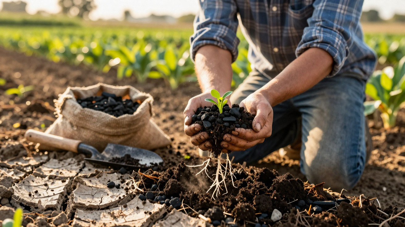 Pessoa com camisa aos quadrados segura muda de planta com raiz exposta em campo agrícola ao pôr do sol.