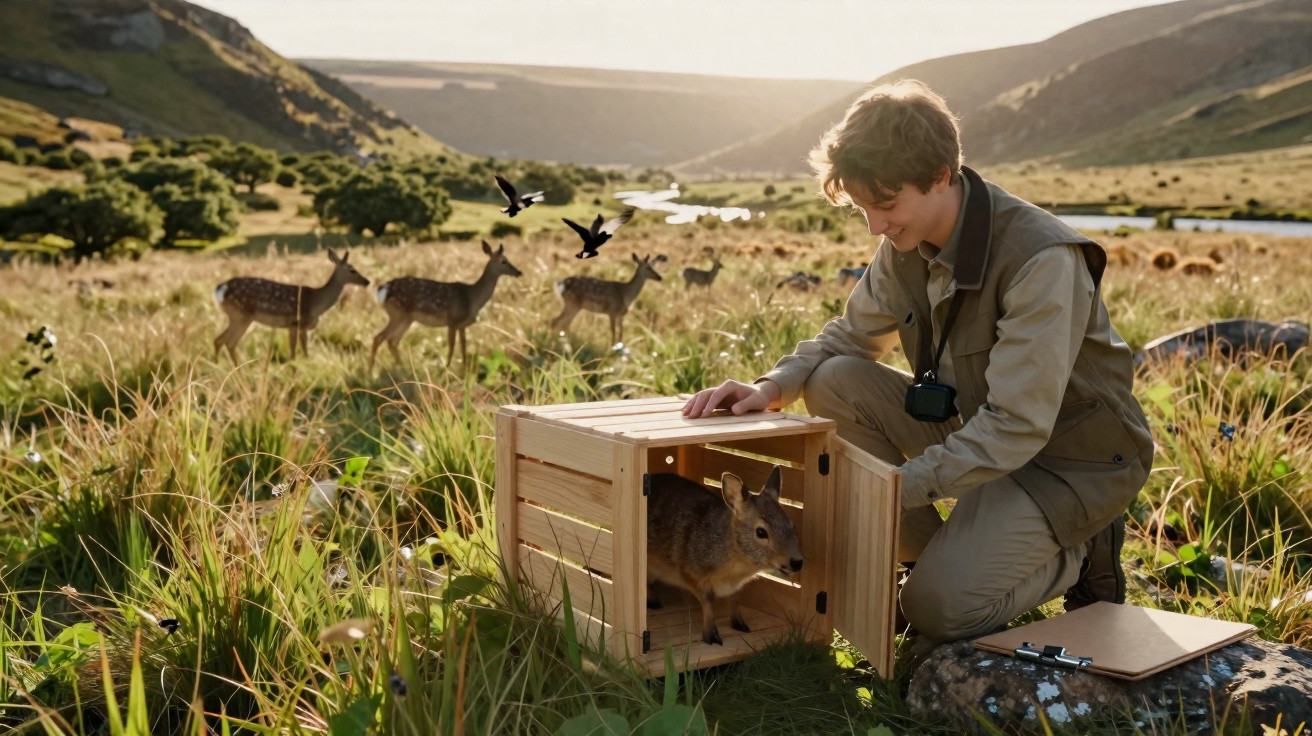 Jovem libertando um pequeno canguru numa caixa de madeira num campo com veados ao fundo ao pôr-do-sol.