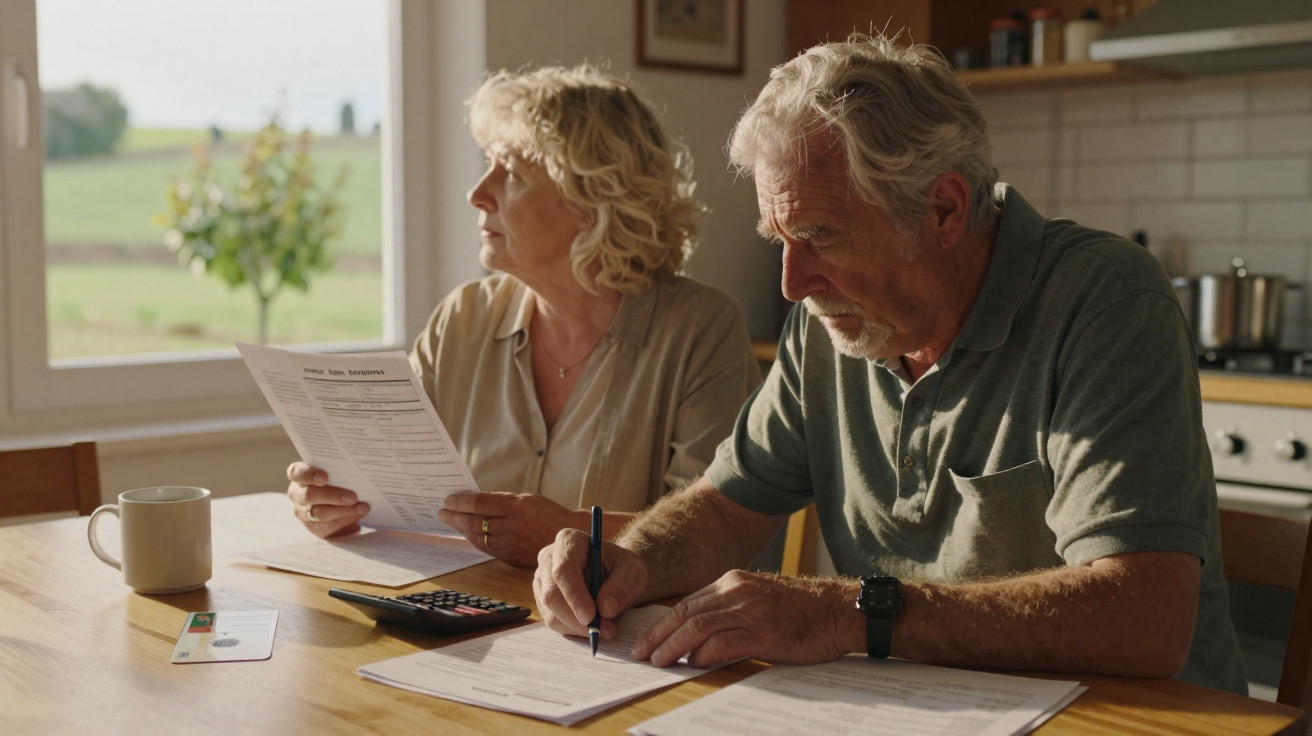 Casal sénior sentado à mesa a analisar documentos e fazer contas numa cozinha iluminada pela luz natural.