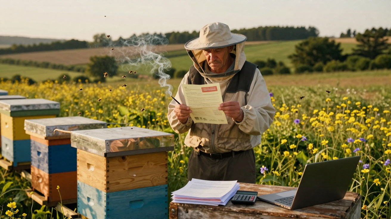 Apicultor com fato protetor lê documento junto a colmeias e laptop num campo florido ao pôr do sol.